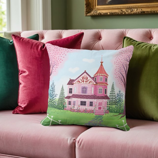 Rosa Victorian House & Cherry Blommar Square Kudde (Skapare uppladdad)