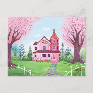 Rosa Victorian House & Cherry Blommar Vykort