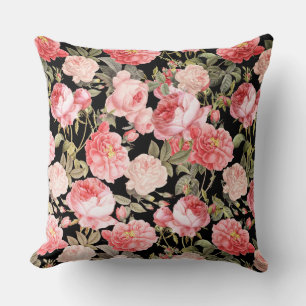 Rosa Victorian Ro på Black Mönster Kudde