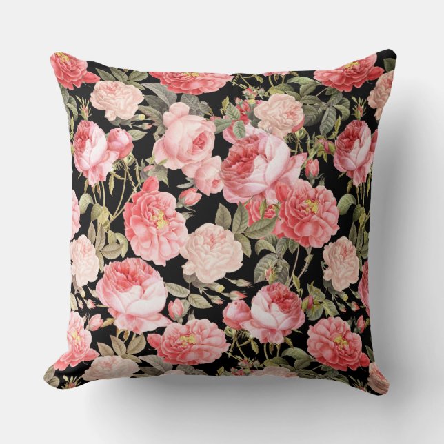 Rosa Victorian Ro på Black Mönster Kudde (Framsida)