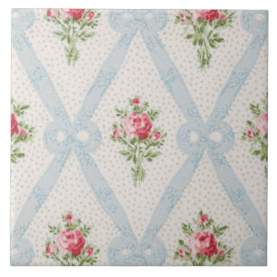 Rosa Victorian Ro w/Blue Ribbon Lattice Kakelplatta