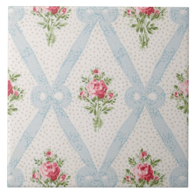 Rosa Victorian Ro w/Blue Ribbon Lattice Kakelplatta (Framsidan)