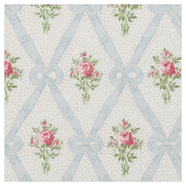 Rosa Victorian Ro w/Blue Ribbon Lattice Tyg (Närbild)