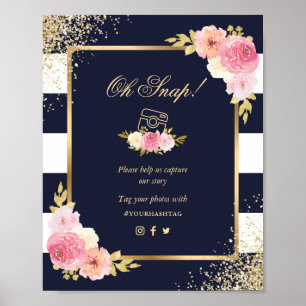 Rosa vid marinblå Guld Blommigt Oj Snap Bröllop-te Poster
