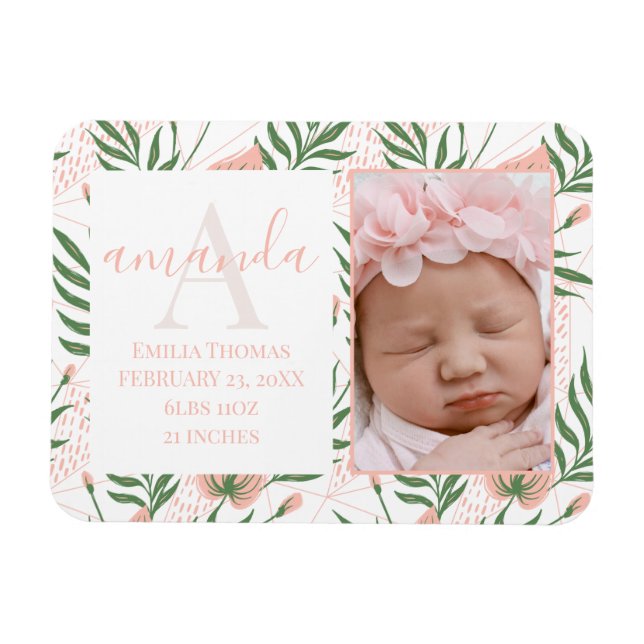 Rosa vid Monogrammed Namn Blommigt  Birth Notice Magnet (Horisontell)