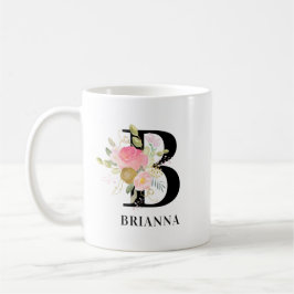 Rosa vid nedre Brev och Blommigt vid Guld Monogram Kaffemugg