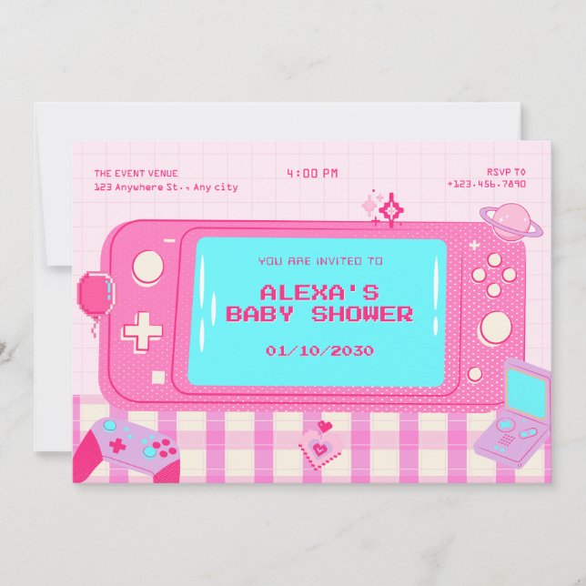 Rosa videospel - retro babydusch inbjudningar (Framsida)