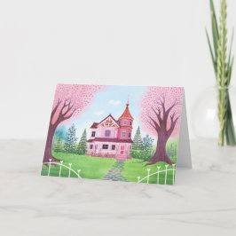 Rosa Viktorian House & Cherry Blommar Blank Card Kort