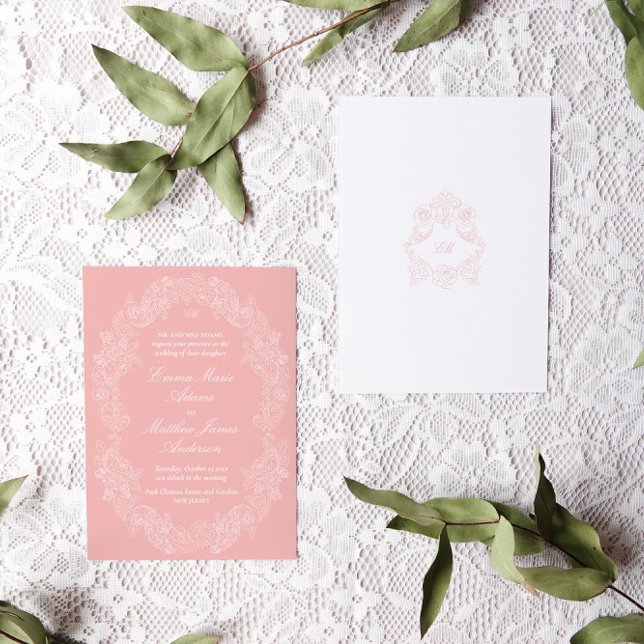 Rosa Viktoriansk Bröllop Antik Klassisk Inbjudningar (rococo blush pink wedding invitation with a delicate botanical frame illustration and monogram crest)