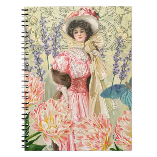 Rosa viktoriansk kvinna med blomsterregency anteckningsbok (Framsidan)