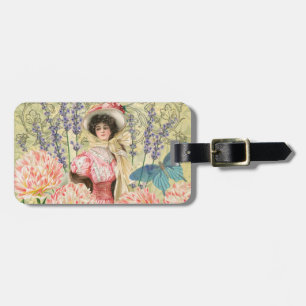 Rosa viktoriansk kvinna med blomsterregency bagagebricka