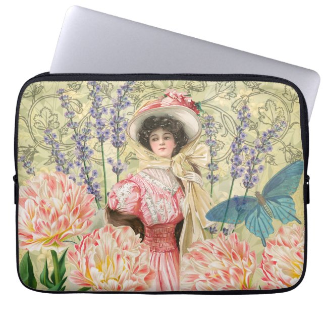 Rosa viktoriansk kvinna med blomsterregency laptop fodral (Framsidan)