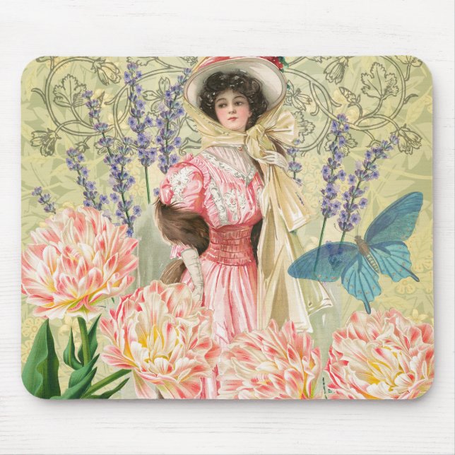 Rosa viktoriansk kvinna med blomsterregency musmatta (Framsidan)