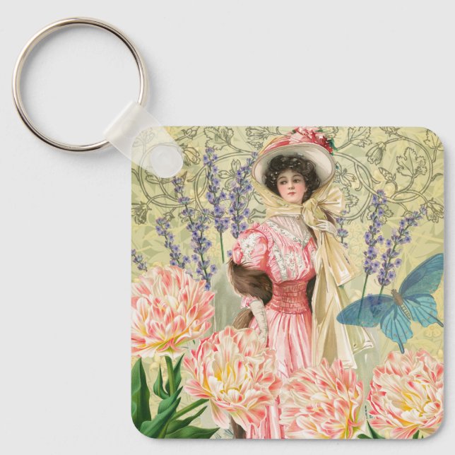 Rosa viktoriansk kvinna med blomsterregency nyckelring (Framsida)
