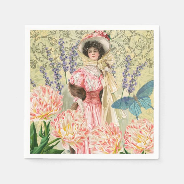 Rosa viktoriansk kvinna med blomsterregency pappersservett (Framsidan)
