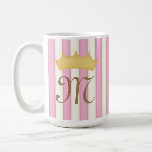 Rosa viktorianska ränder krönt monogram prinsessa kaffemugg (Vänster)