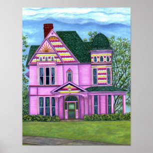 Rosa viktorianskt hus 1800-tal Romantisk dockskåp Poster