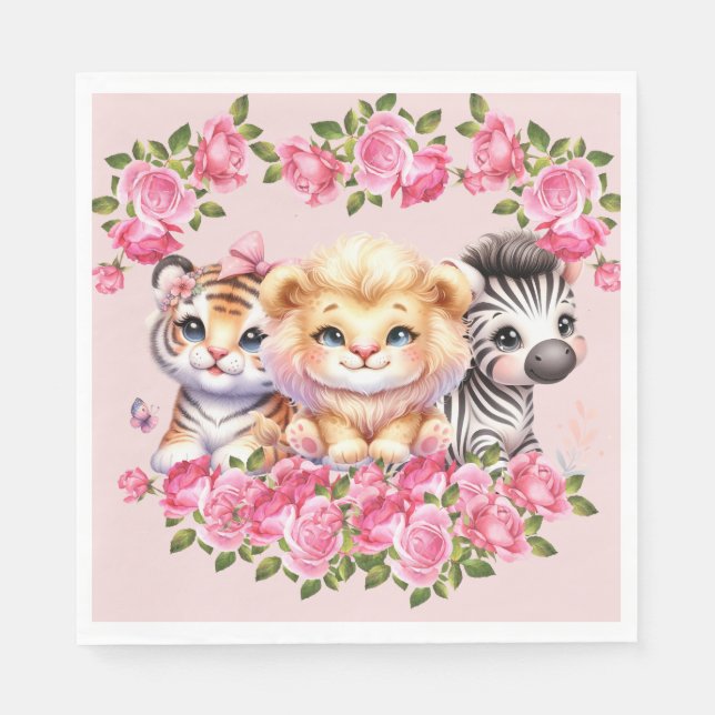 Rosa Vild Animaliska flickors inbjudan till babydu Pappersservett (Framsidan)