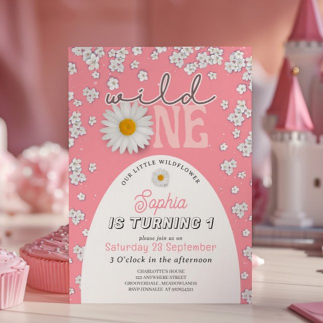 Rosa vild en daisy 1-års födelsedagsinbjudan inbjudningar (Skapare uppladdad)