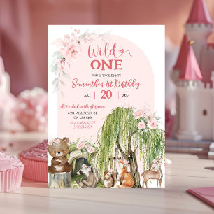 Rosa Vild ett Woodland Animals Girl First Birthday Inbjudningar