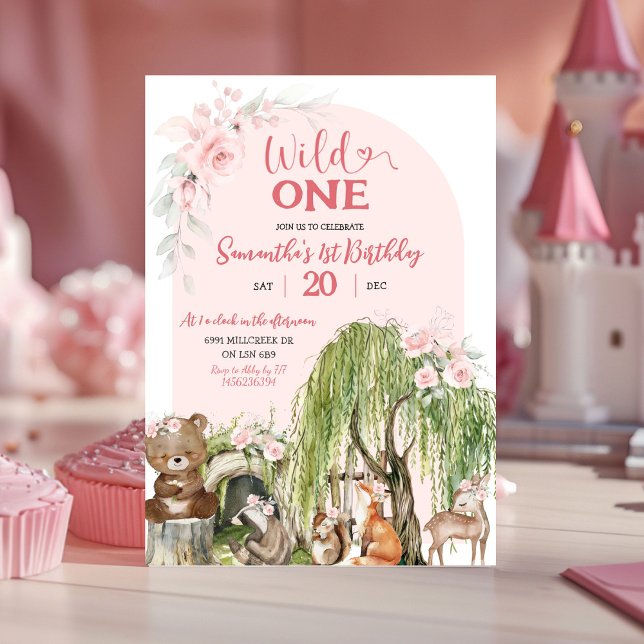 Rosa Vild ett Woodland Animals Girl First Birthday Inbjudningar (Skapare uppladdad)