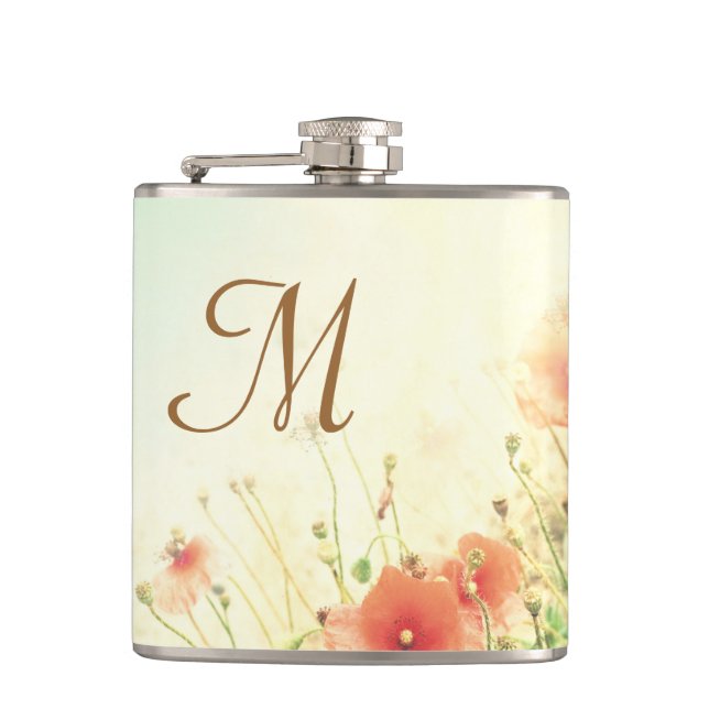 Rosa Vild Flowers in Fält Monogram Whiskey Flask Fickplunta (Framsidan)