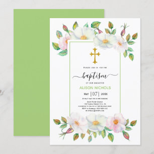 Rosa vild hund ro grönt blommigt Baptism Inbjudningar