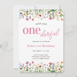 Rosa Vild och anbudsgivare Wildblomma 1:a födelsed Inbjudningar