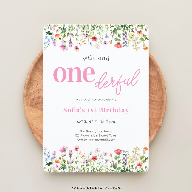 Rosa vild och underbar vildblomma 1-årsfest inbjudningar (The front of the invitation is shown at 5x7 in. with round corners. Choose size + corner style.)