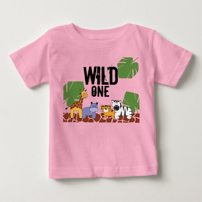 Rosa ’VILD ONE’ Safari Jungle Theme First Birthday T Shirt (Framsida)