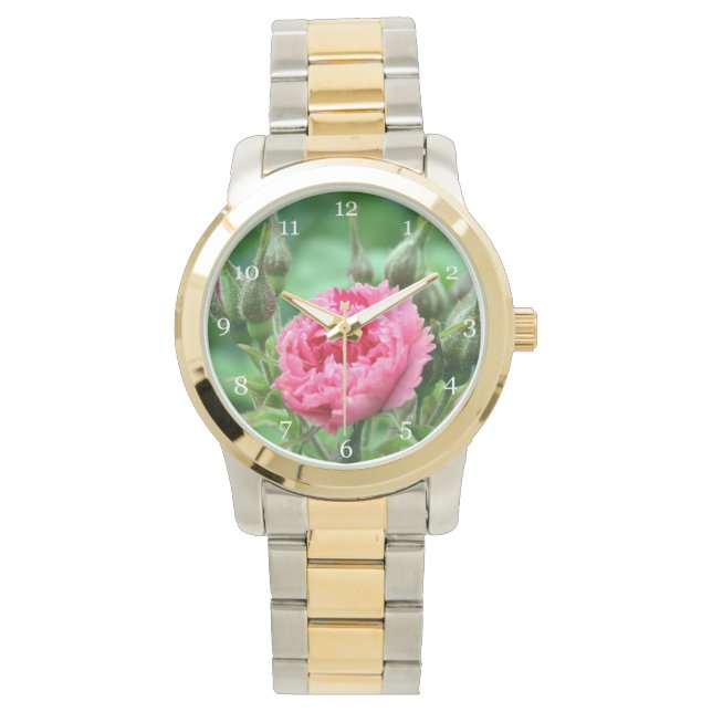rosa vild ro-blommans blommigt armbandsur (Framsida)