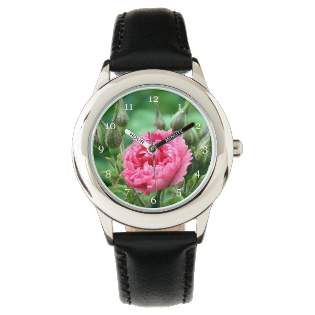 rosa vild ro-blommans blommigt armbandsur (Framsida)