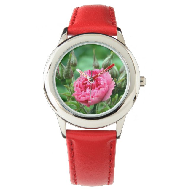 rosa vild ro-blommans blommigt armbandsur (Framsida)