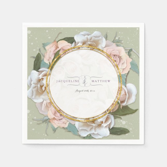  Rosa Vild Ro Blommigt Art Utandningsfaux Guld Pappersservett (Framsidan)