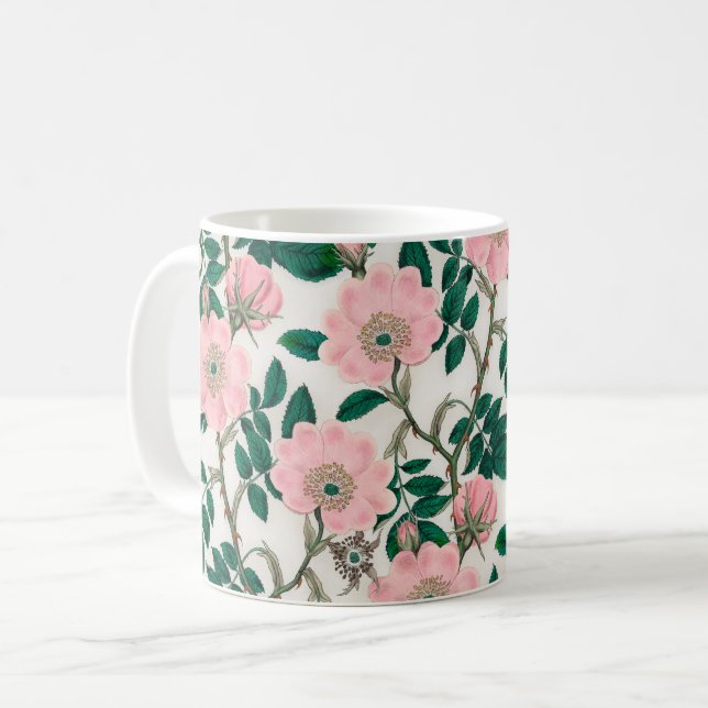 Rosa Vild Ro Flowers & Grönt Löv Mönster Kaffemugg (Framsida vänster)