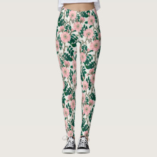 Rosa Vild Ro Flowers & Grönt Löv Mönster Leggings