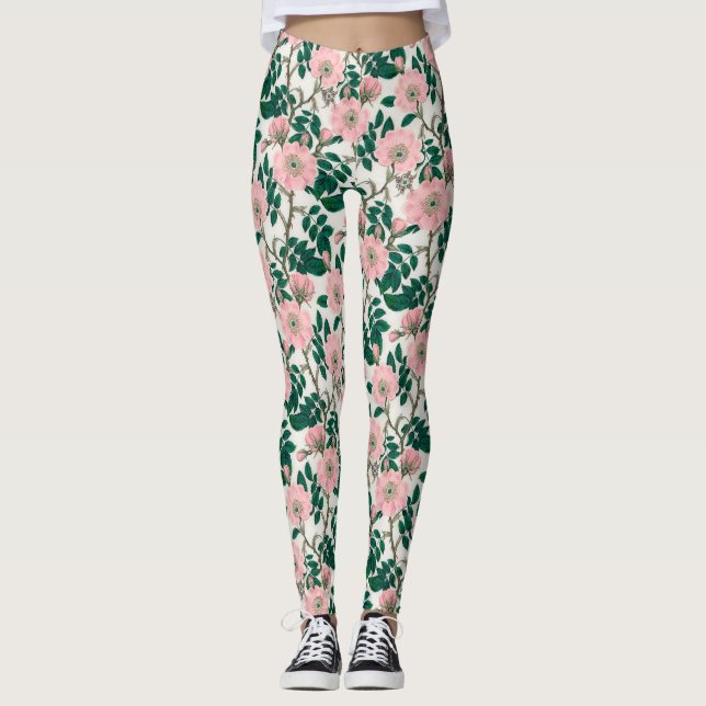 Rosa Vild Ro Flowers & Grönt Löv Mönster Leggings (Framsida)