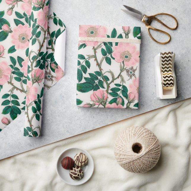 Rosa Vild Ro Flowers & Grönt Löv Mönster Presentpapper (Hantverk)