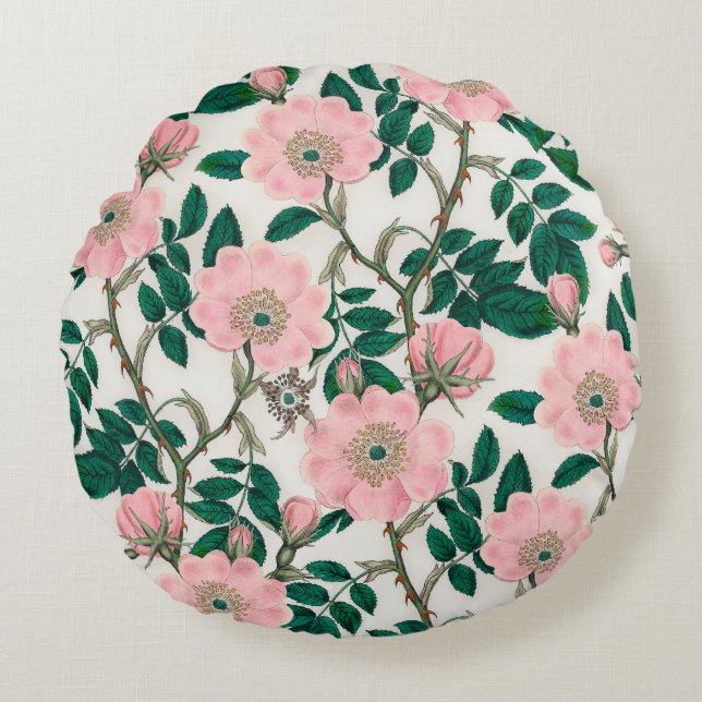 Rosa Vild Ro Flowers & Grönt Löv Mönster Rund Kudde (Framsidan)