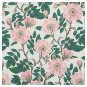Rosa Vild Ro Flowers & Grönt Löv Mönster Tyg
