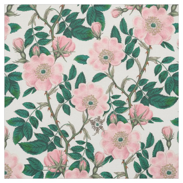 Rosa Vild Ro Flowers & Grönt Löv Mönster Tyg (Provkarta)