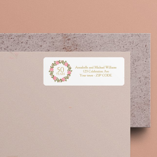 ROSA VILD RO WREATH 50:e Bröllop adress Returadress Etikett (Skapare uppladdad)