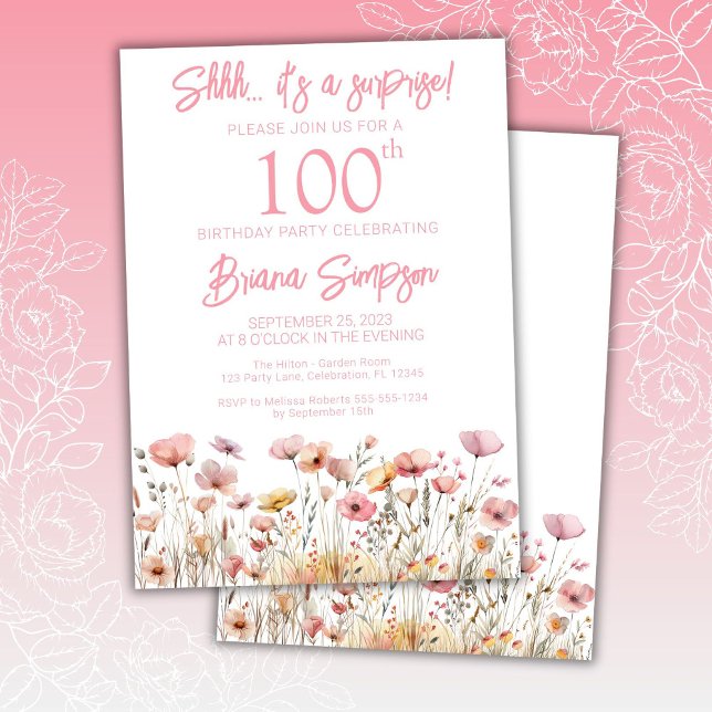 Rosa vilda blommor 100-års överraskningsfest inbjudningar (Skapare uppladdad)