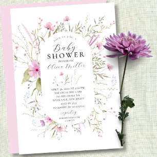Rosa vilda blommor Baby Shower-inbjudan Inbjudningar