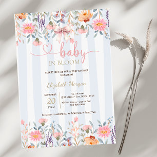 Rosa vilda blommor båge blå ränder baby shower inbjudningar