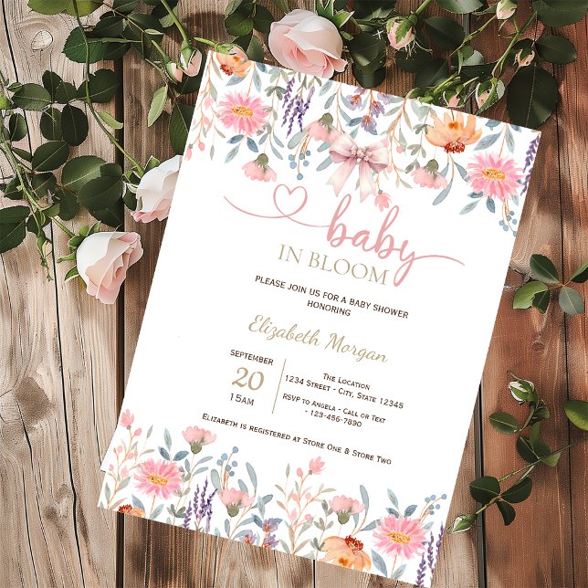 Rosa vilda blommor Chic Bow Baby Shower Inbjudningar (Skapare uppladdad)