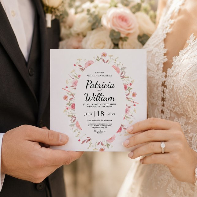 Rosa vilda blommor Elegant Spara datum Bröllop  Tack Kort (Pink Wildflowers Elegant Save the Date Wedding, Pink Floral Wedding Invite)