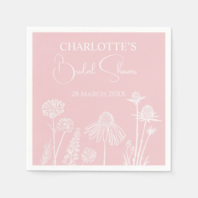 Rosa vilda blommor skissade bröllopsdusch med blom pappersservett (Framsidan)