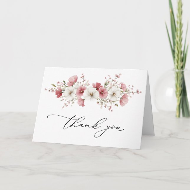 Rosa vilda blommor vigsel vikta tack kort (Framsida)