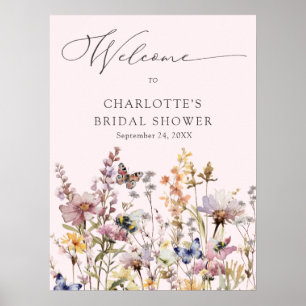 Rosa vildblomma akvarell blommande bröllopsdusch poster